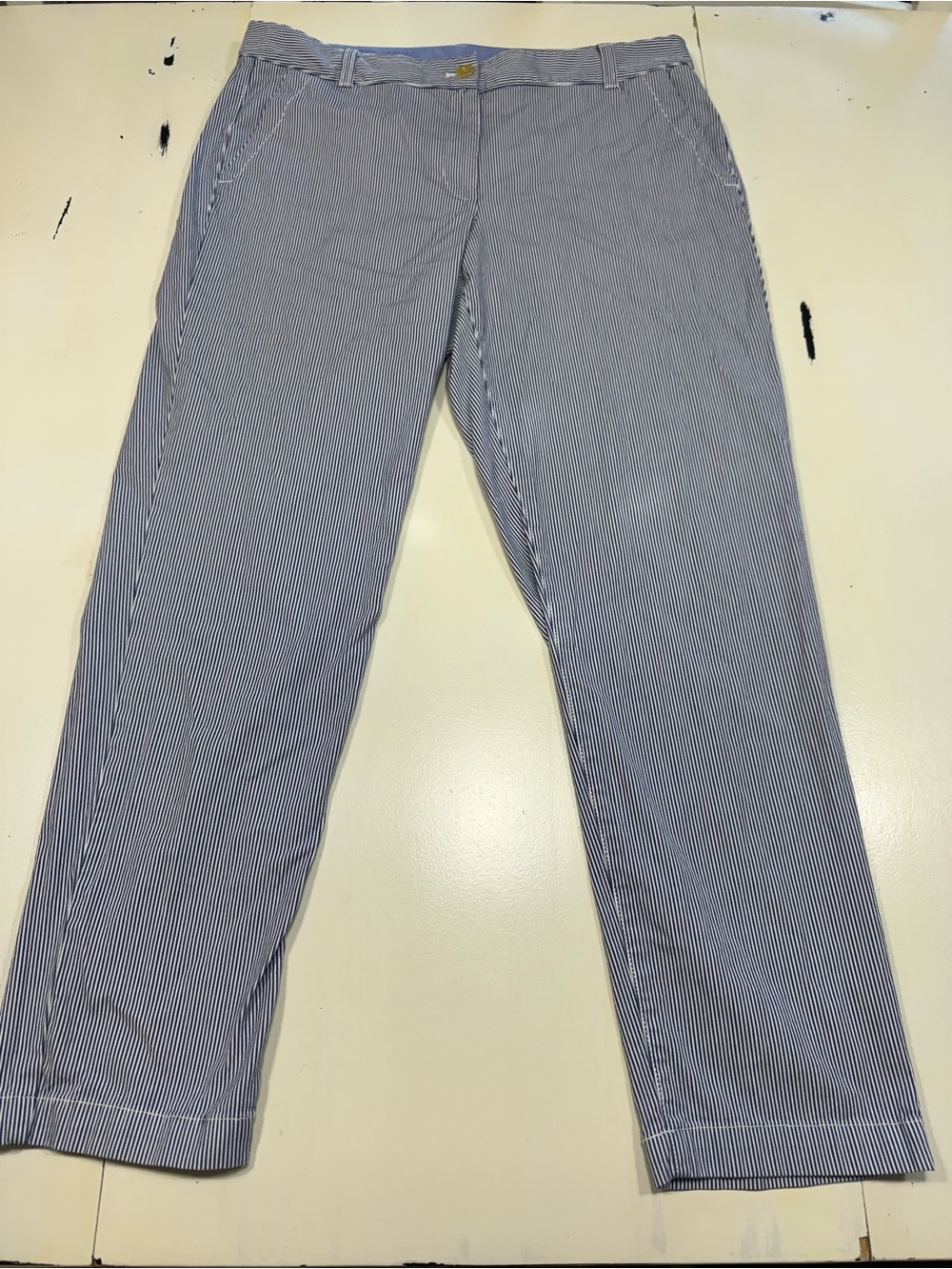 Talbots Womens Size 12 The Weekend Chino Blue White Seersucker Striped Pants